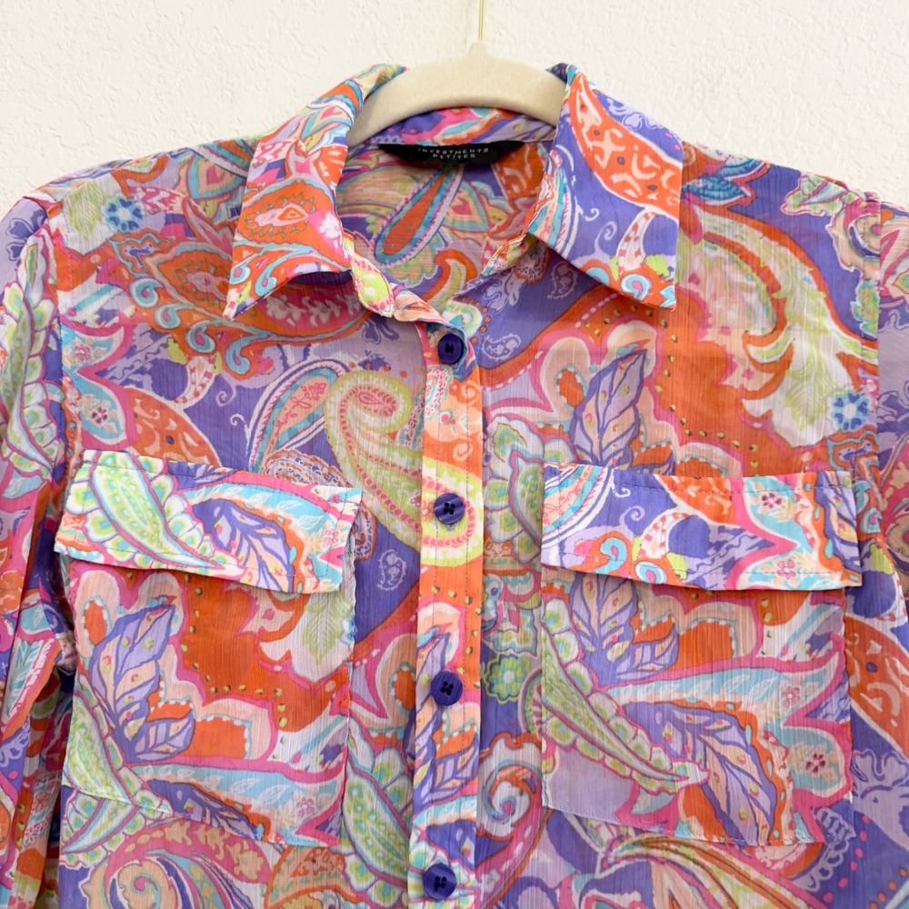 Investments Petites Paisley‎ Button Down Shirt PM Multicolor Roll Tab 3/4 Sleeve